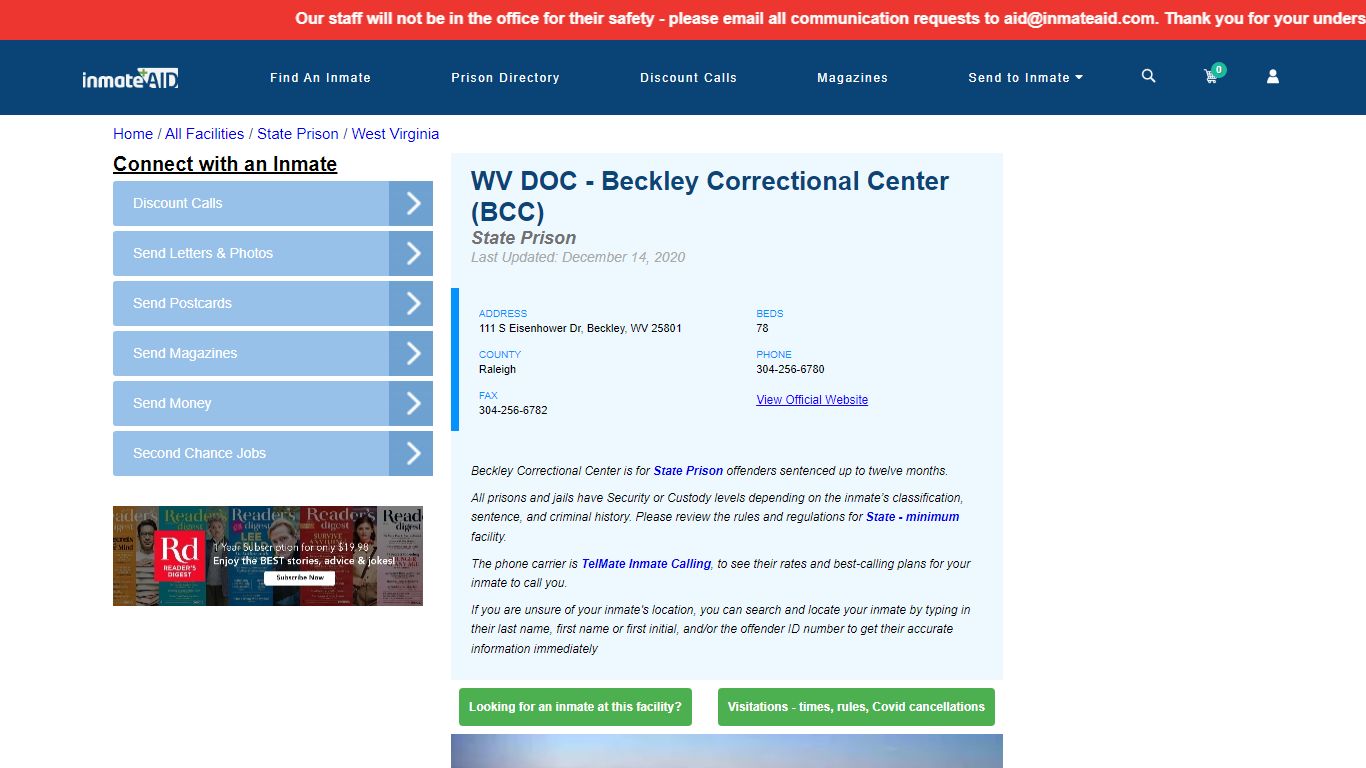 WV DOC - Beckley Correctional Center (BCC) & Inmate Search ...